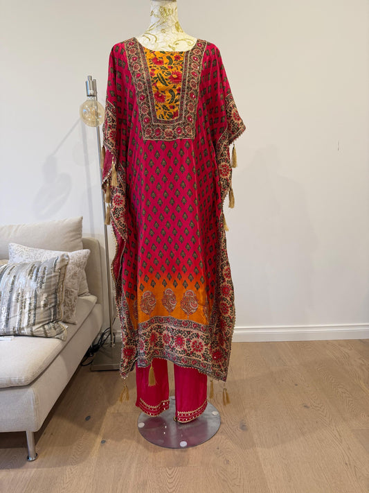 Pink Mustard Floral Crape Kaftan Set with Pants