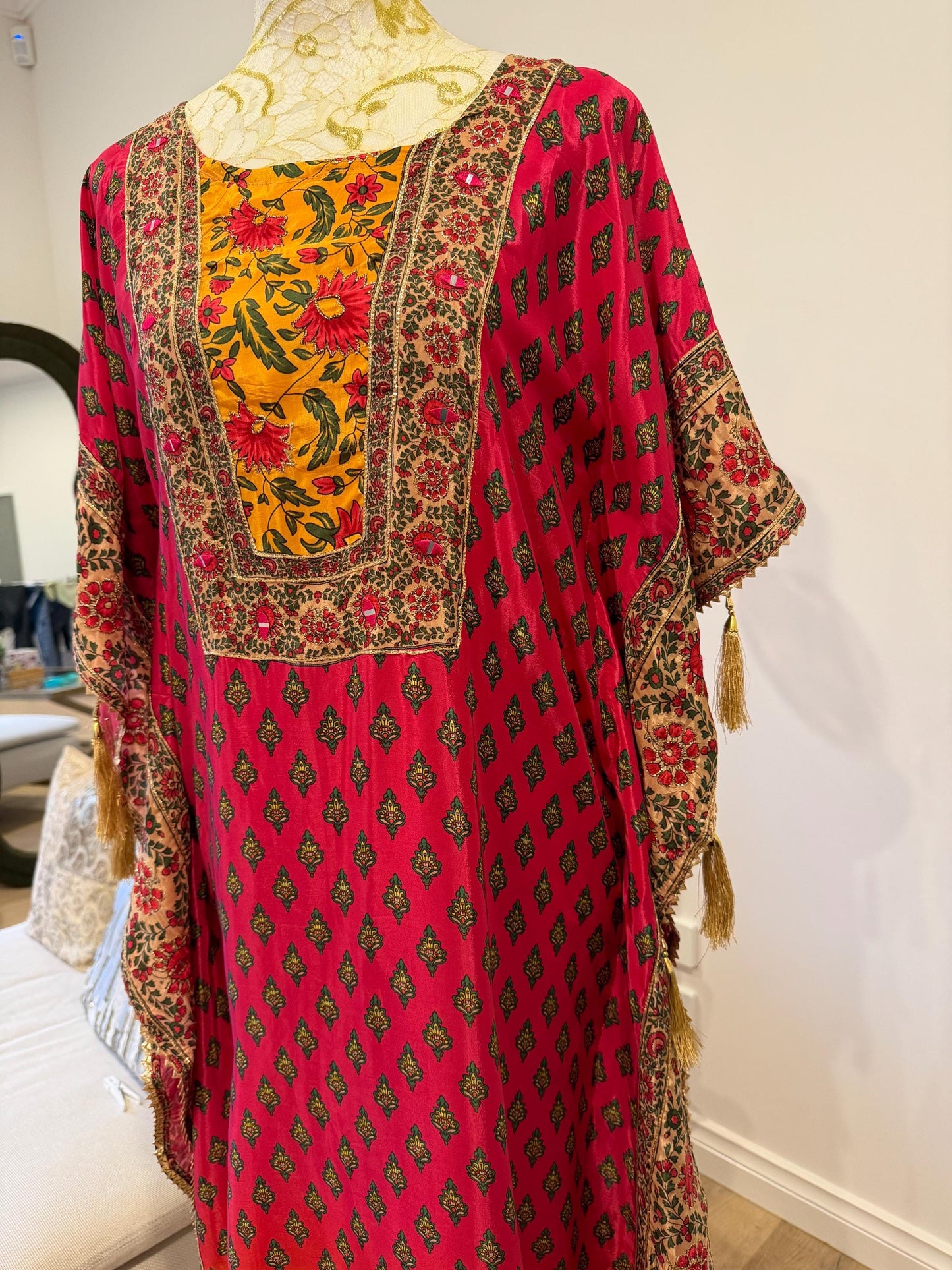 Pink Mustard Floral Crape Kaftan Set with Pants