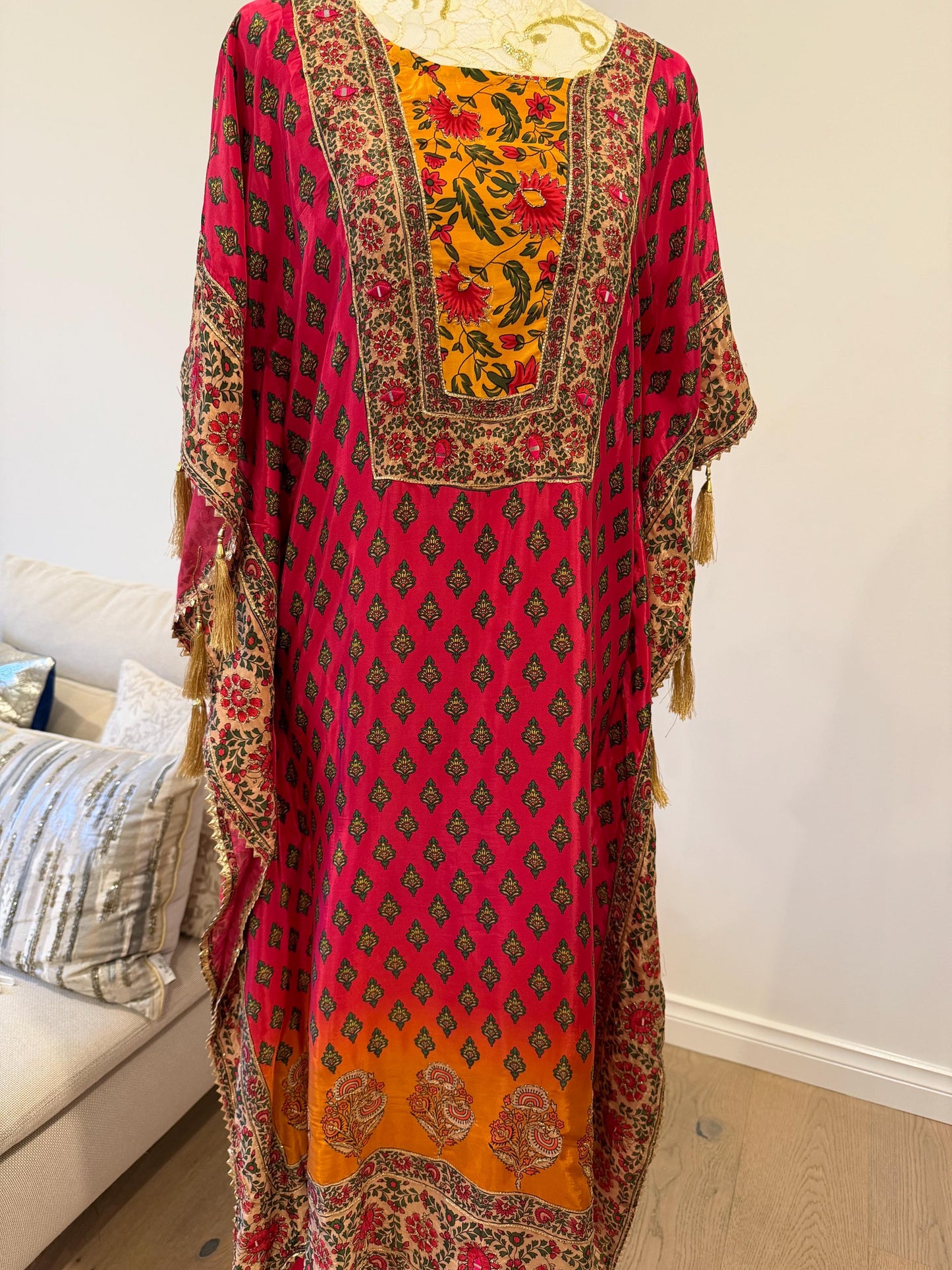 Pink Mustard Floral Crape Kaftan Set with Pants