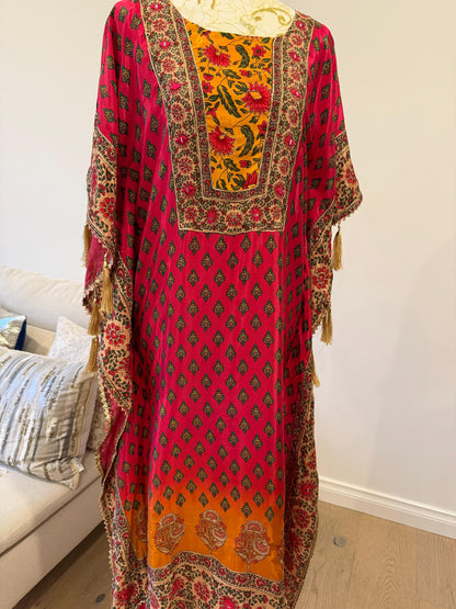 Pink Mustard Floral Crape Kaftan Set with Pants