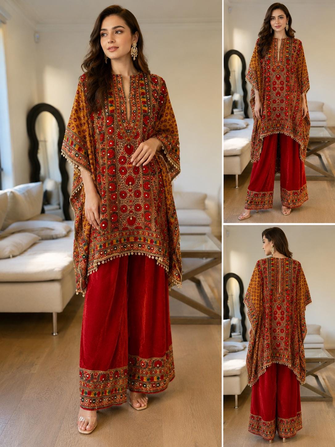Orange Micro Velvet Kaftan Set with Red Pants | Digital Print, Mirror Work Festive Coord
