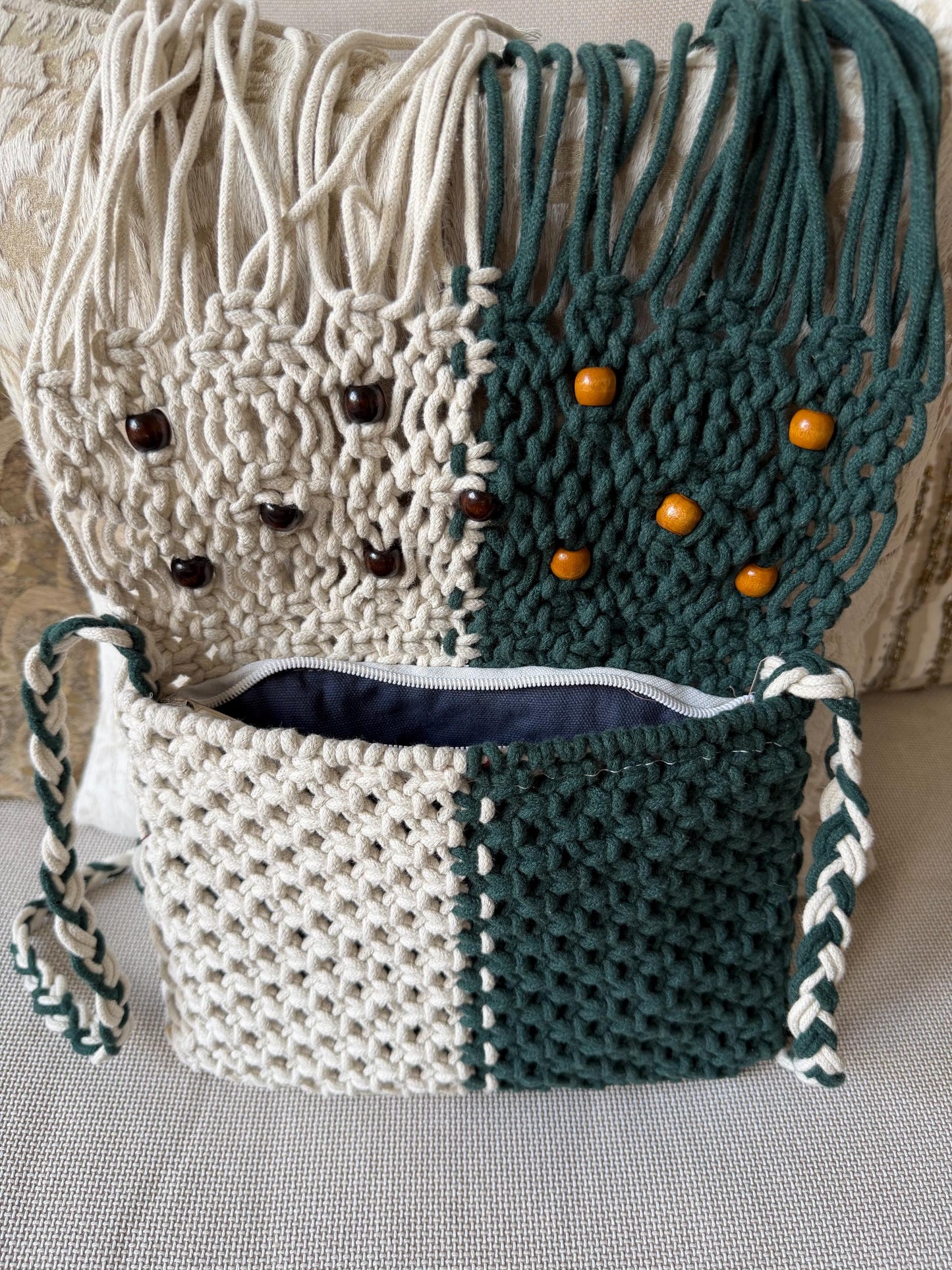 Handmade Macrame Boho Bag, Green and Ivory