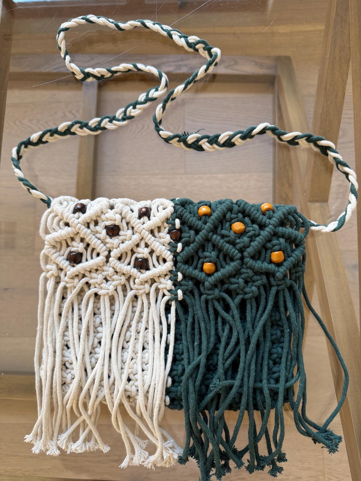 Handmade Macrame Boho Bag, Green and Ivory