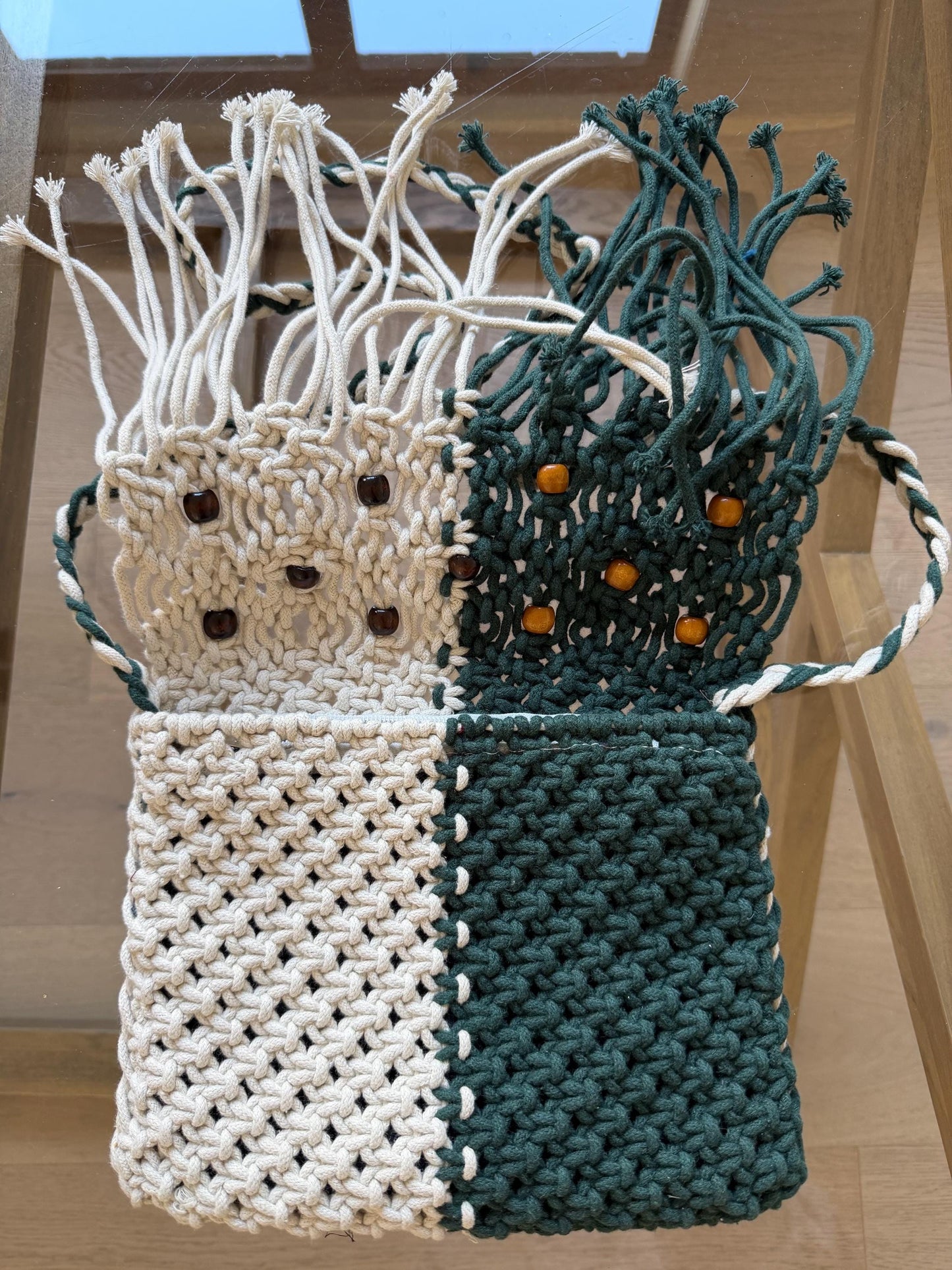 Handmade Macrame Boho Bag, Green and Ivory