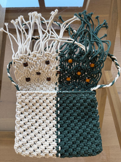 Handmade Macrame Boho Bag, Green and Ivory