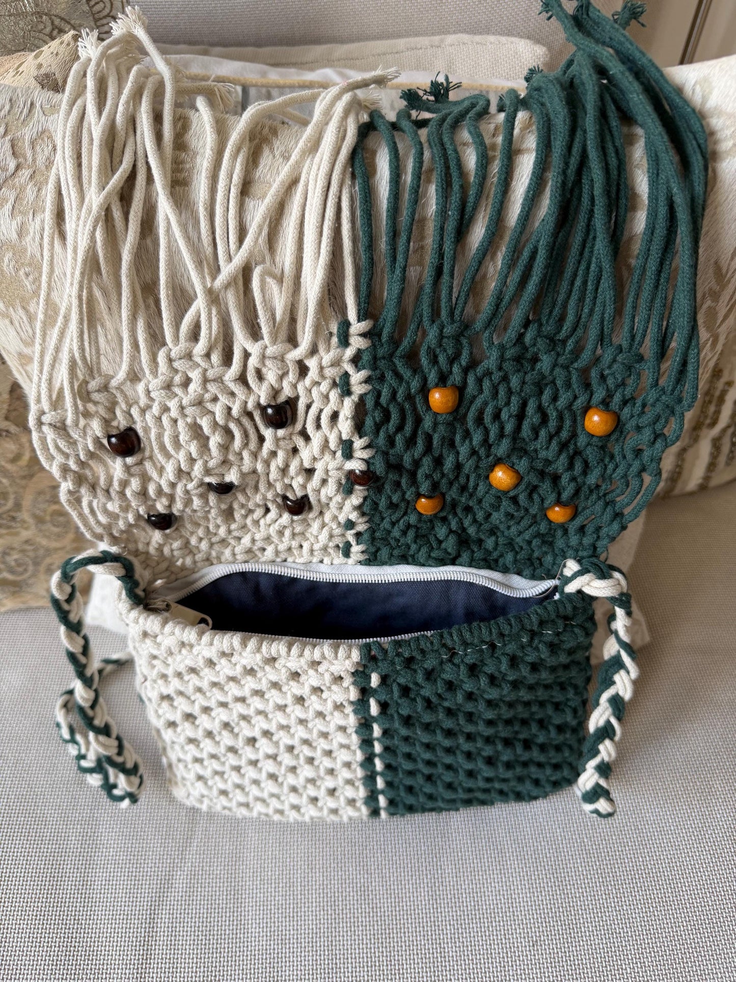 Handmade Macrame Boho Bag, Green and Ivory