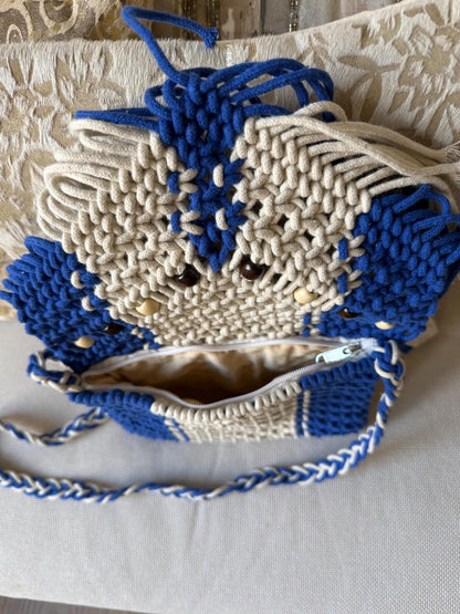 Handmade Macrame Boho Bag | Royal Blue and Ivory