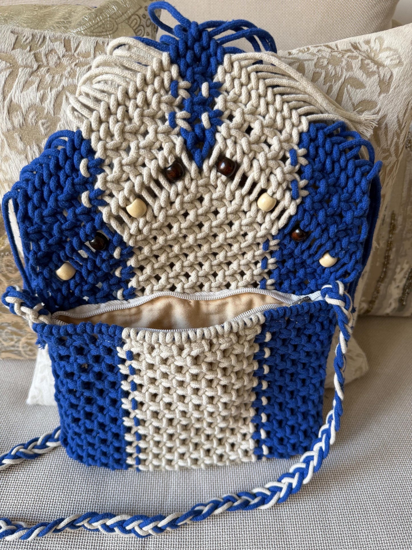 Handmade Macrame Boho Bag | Royal Blue and Ivory