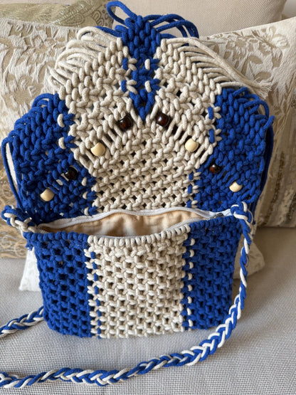Handmade Macrame Boho Bag | Royal Blue and Ivory