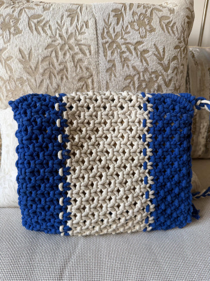 Handmade Macrame Boho Bag | Royal Blue and Ivory
