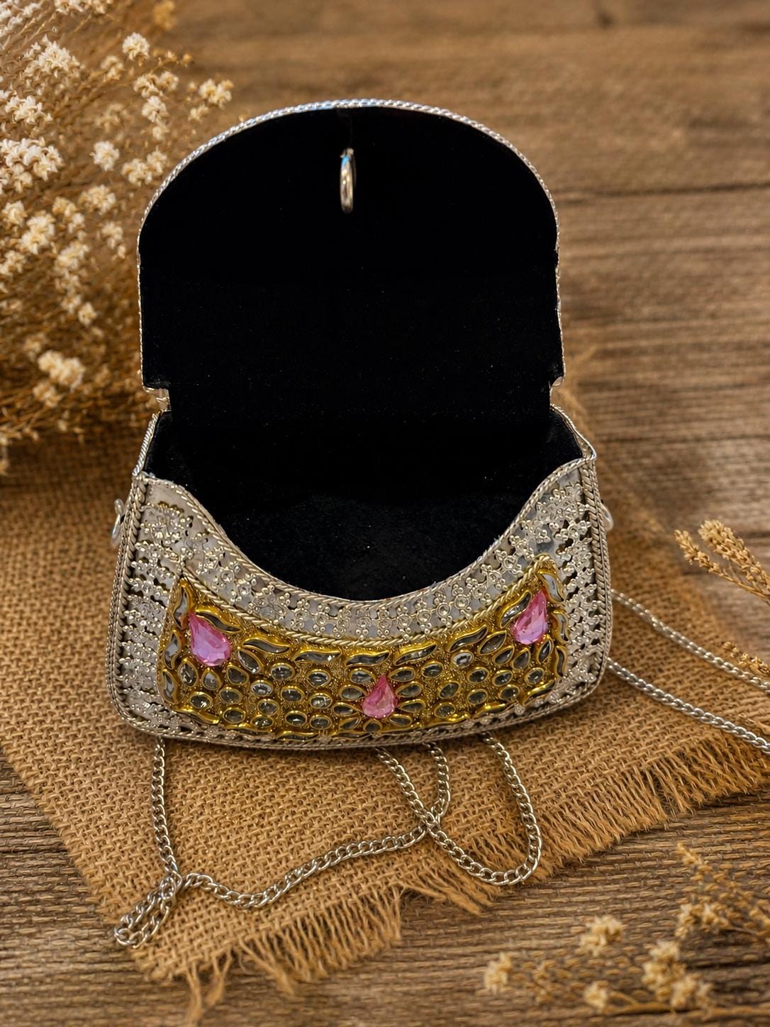 Rose Gold Kundan Metal Clutch Bag