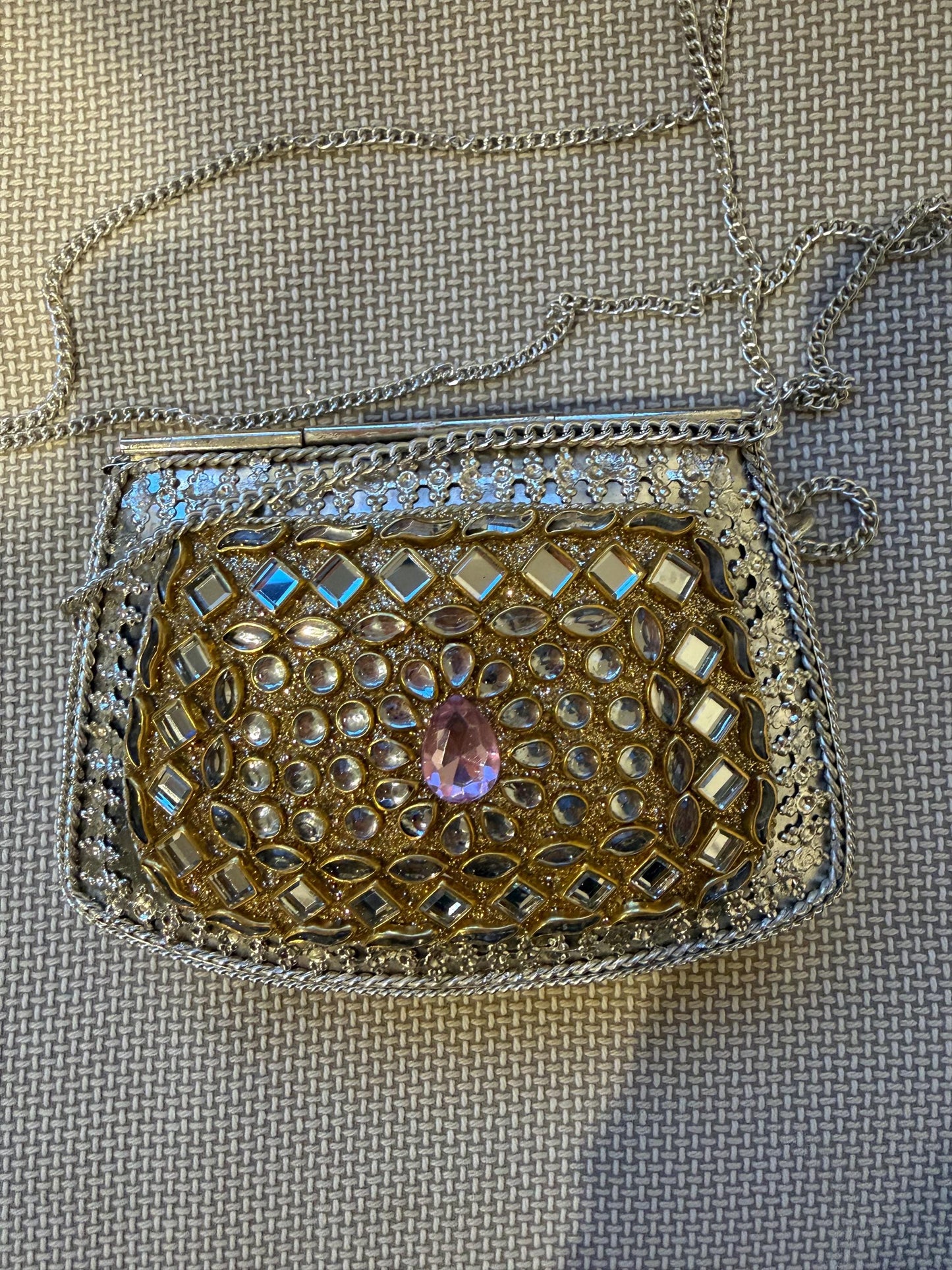 Rose Gold Kundan Metal Clutch Bag