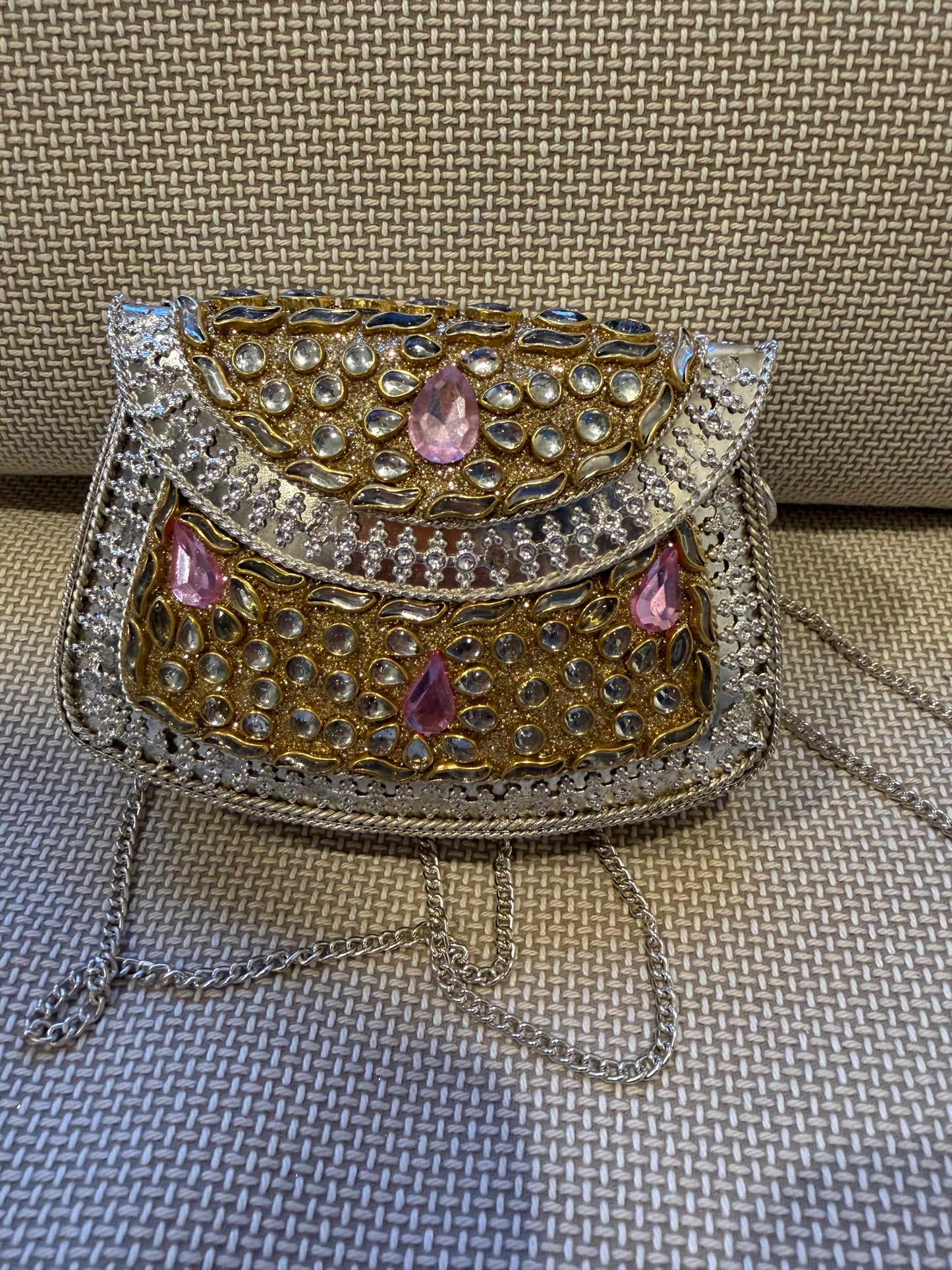 Rose Gold Kundan Metal Clutch Bag