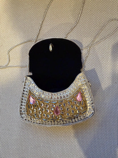 Rose Gold Kundan Metal Clutch Bag