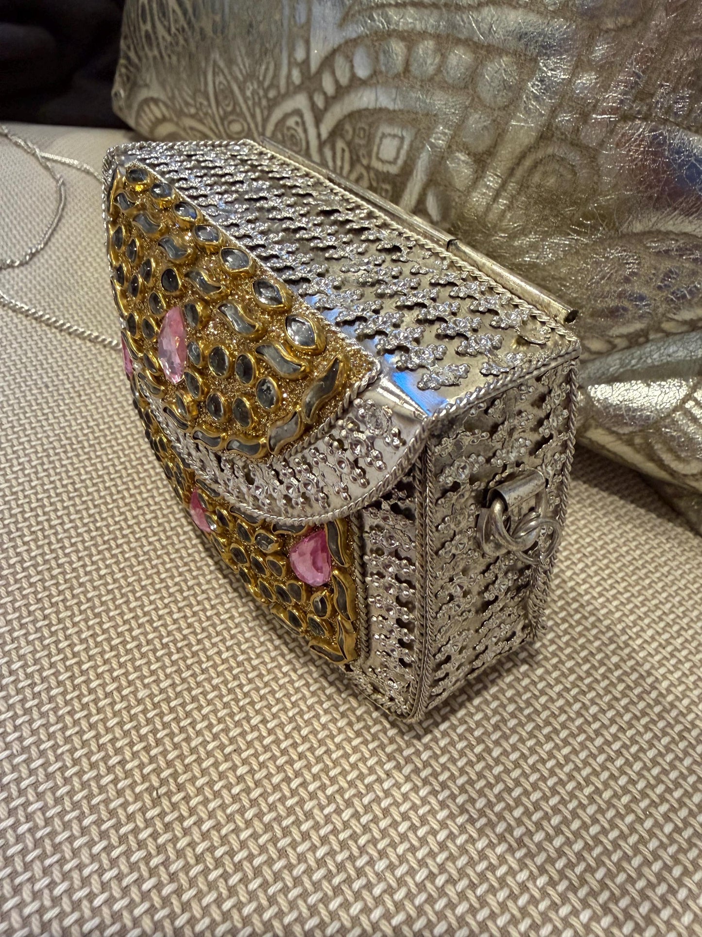 Rose Gold Kundan Metal Clutch Bag