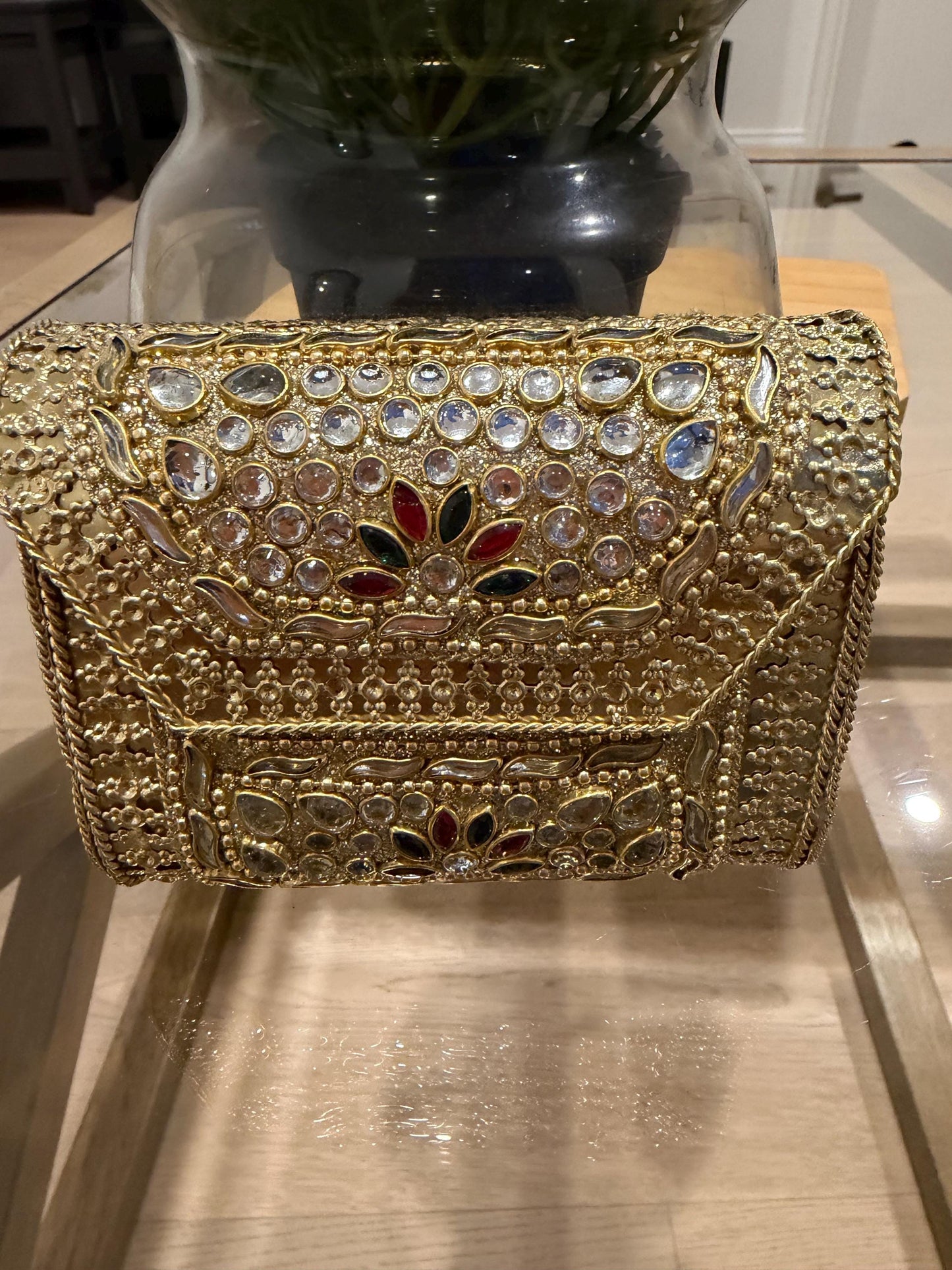 Golden Metal Clutch Bag | 4x4 Crystal Kundan Bridal Evening Purse