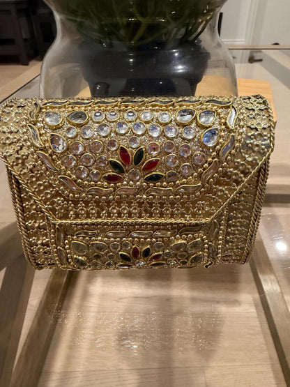 Golden Metal Clutch Bag | 4x4 Crystal Kundan Bridal Evening Purse