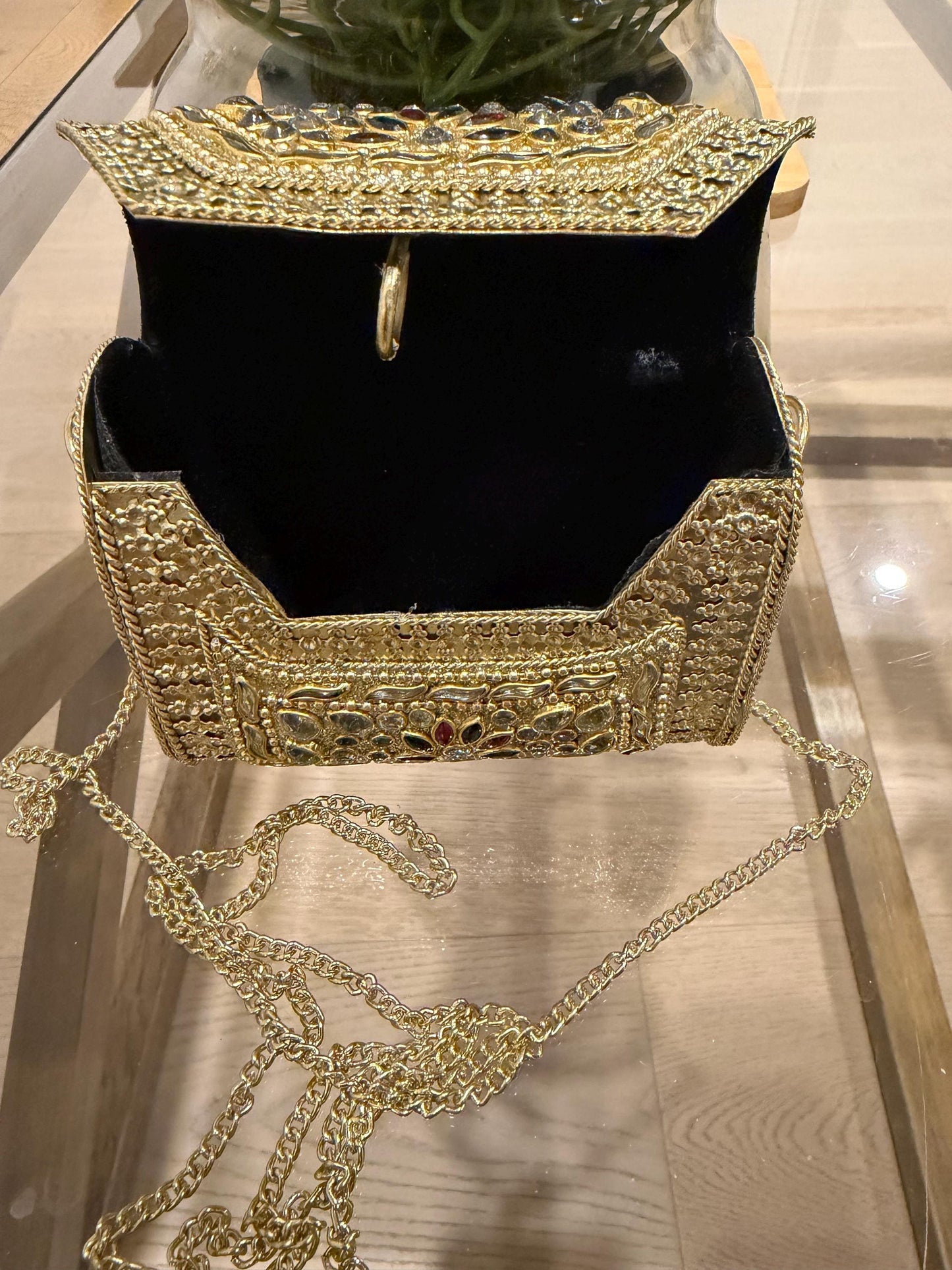 Golden Metal Clutch Bag | 4x4 Crystal Kundan Bridal Evening Purse