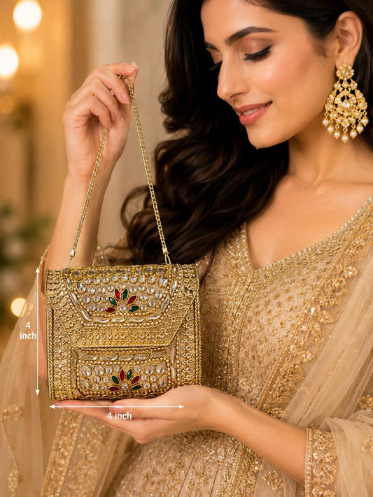 Golden Metal Clutch Bag | 4x4 Crystal Kundan Bridal Evening Purse