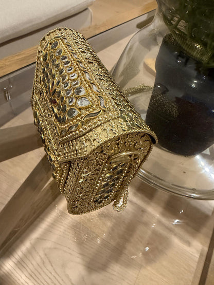 Golden Metal Clutch Bag | 4x4 Crystal Kundan Bridal Evening Purse