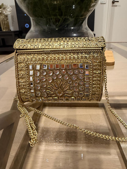 Golden Metal Clutch Bag | 4x4 Crystal Kundan Bridal Evening Purse