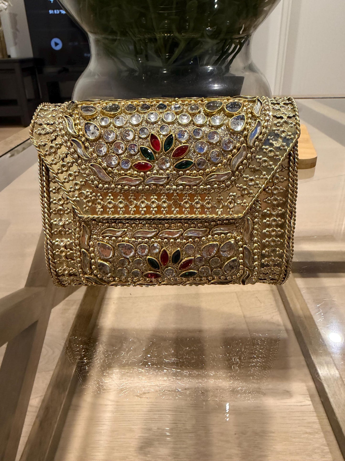 Golden Metal Clutch Bag | 4x4 Crystal Kundan Bridal Evening Purse