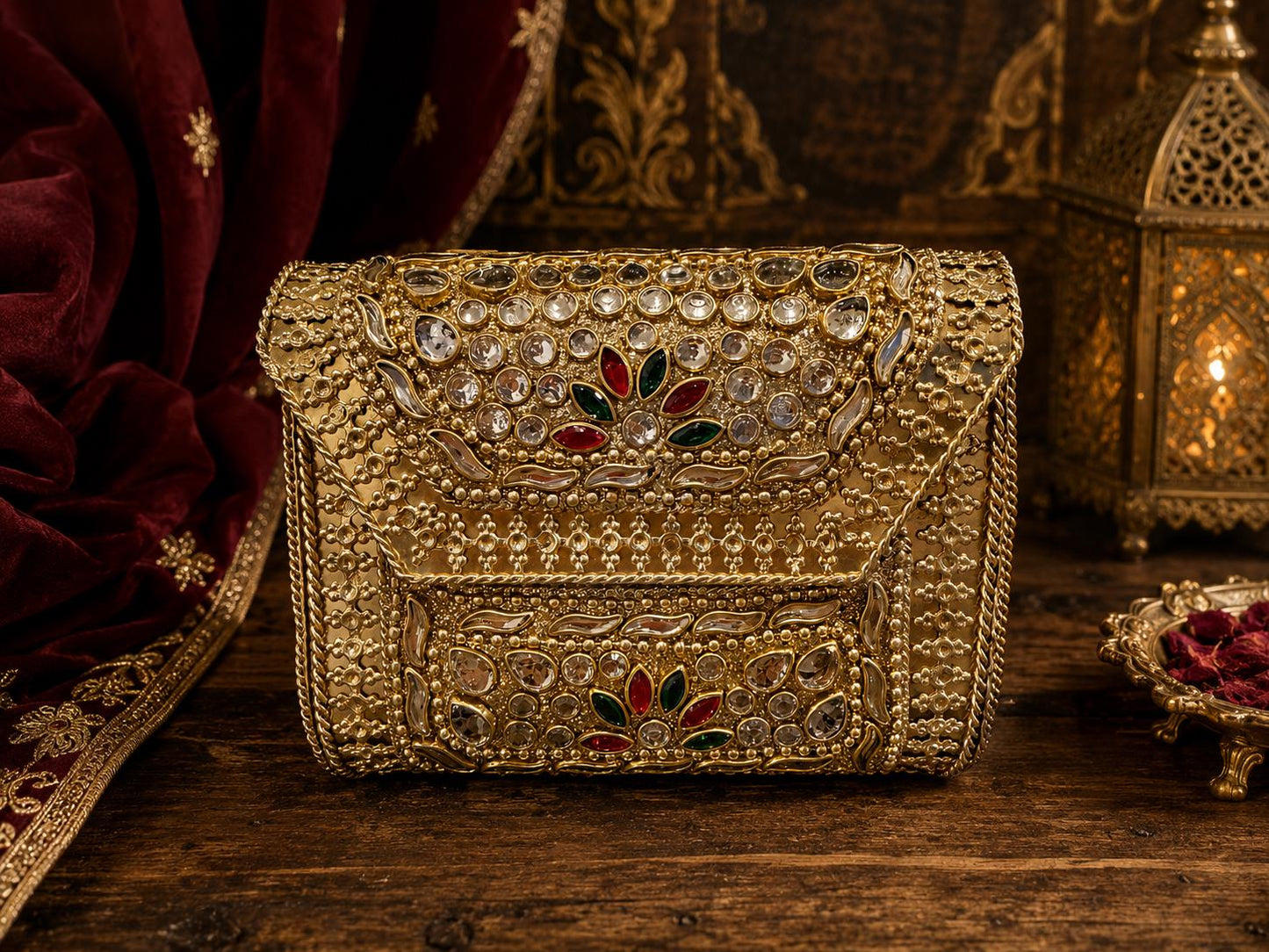 Golden Metal Clutch Bag | 4x4 Crystal Kundan Bridal Evening Purse