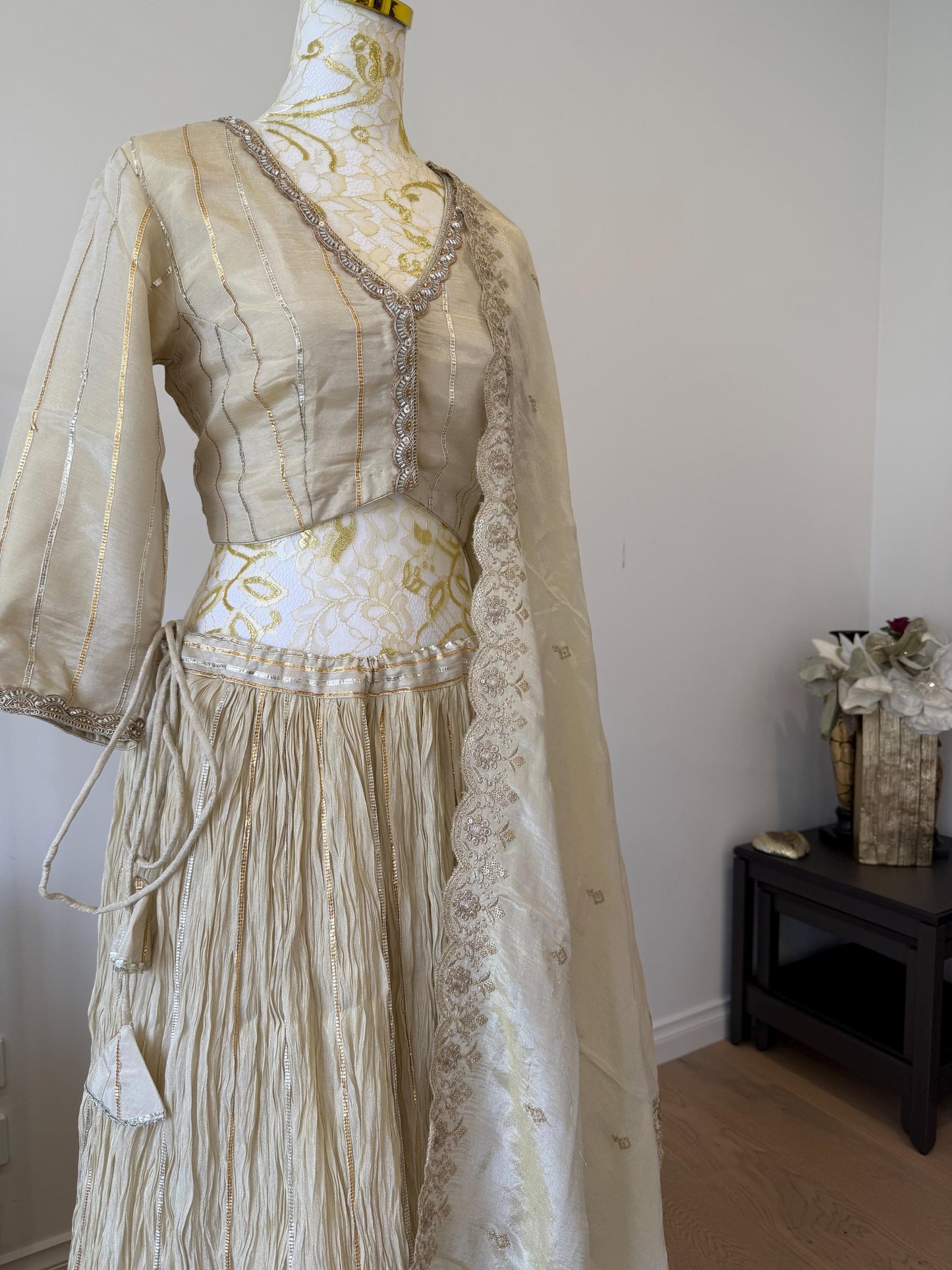 Ivory Tissue Silk Lehenga Set with Gota Detailing