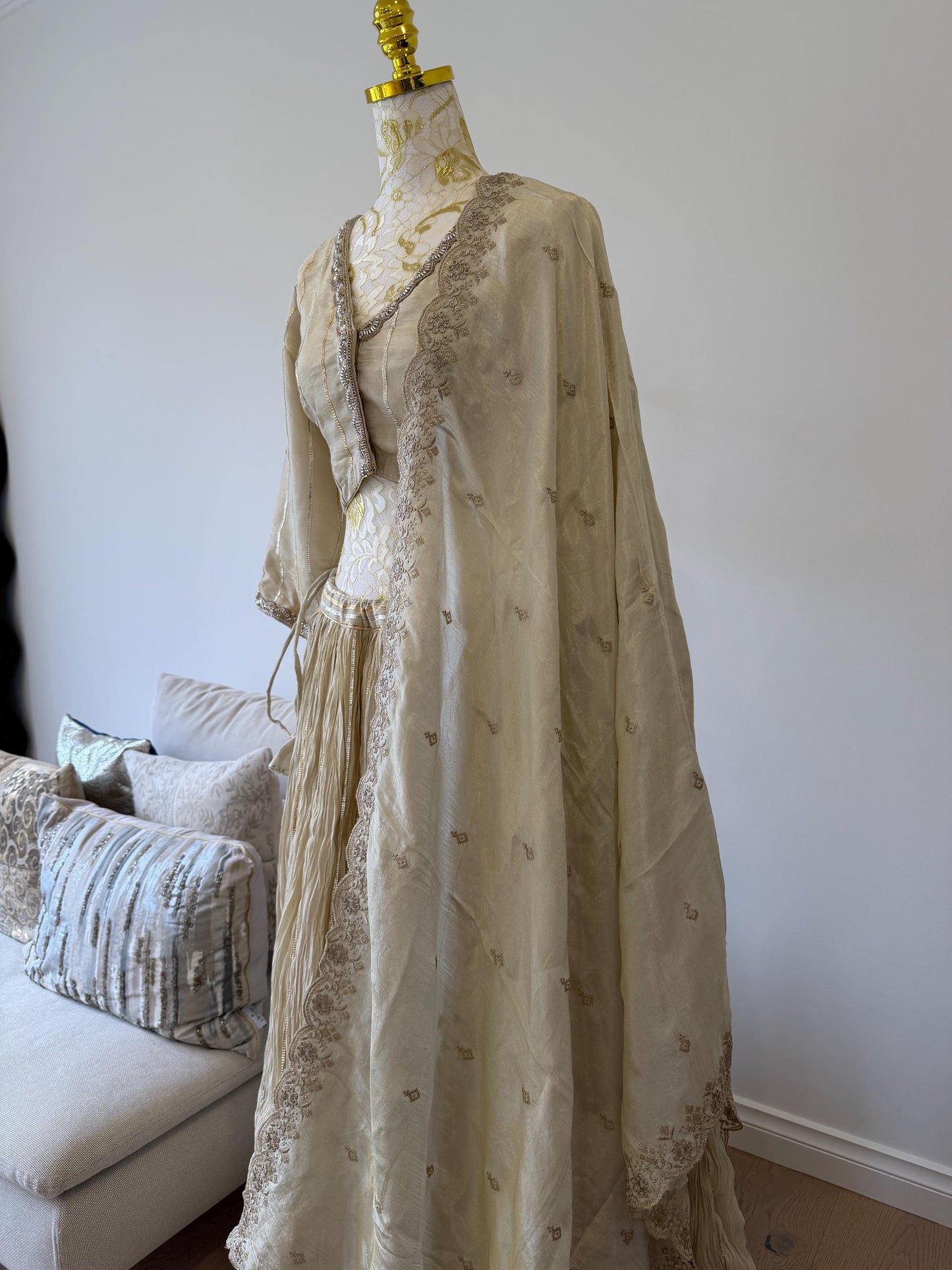 Ivory Tissue Silk Lehenga Set with Gota Detailing