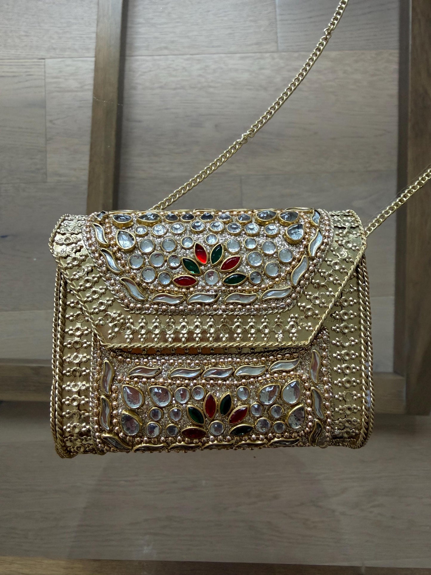 Gold Metal Clutch Bag | Kundan Embellished Evening Purse | Indian Wedding Bridal Handbag