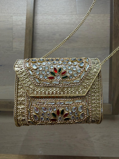 Gold Metal Clutch Bag | Kundan Embellished Evening Purse | Indian Wedding Bridal Handbag