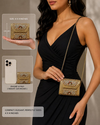 Gold Metal Clutch Bag | Kundan Embellished Evening Purse | Indian Wedding Bridal Handbag