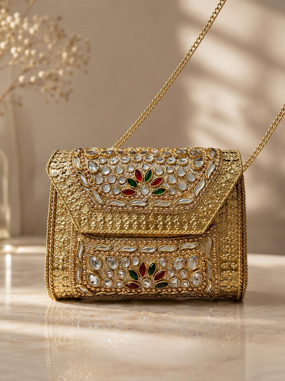 Gold Metal Clutch Bag | Kundan Embellished Evening Purse | Indian Wedding Bridal Handbag