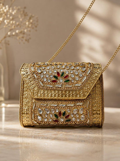 Gold Metal Clutch Bag | Kundan Embellished Evening Purse | Indian Wedding Bridal Handbag