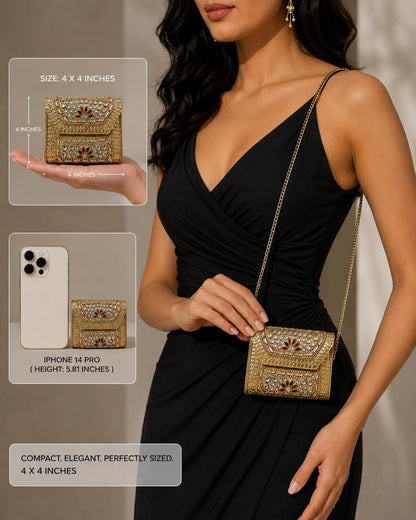 Gold Metal Clutch Bag | Kundan Embellished Evening Purse | Indian Wedding Bridal Handbag