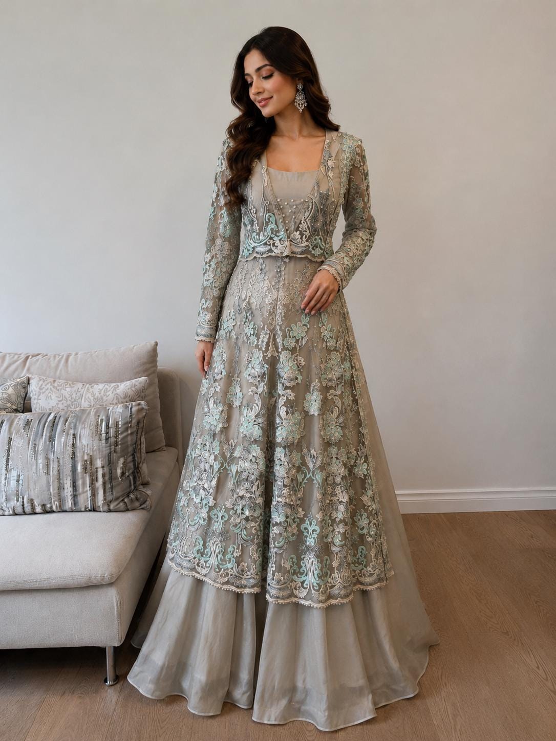 Pearl Embellished Net Jacket Lehenga Set