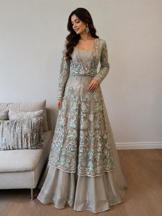 Pearl Embellished Net Jacket Lehenga Set
