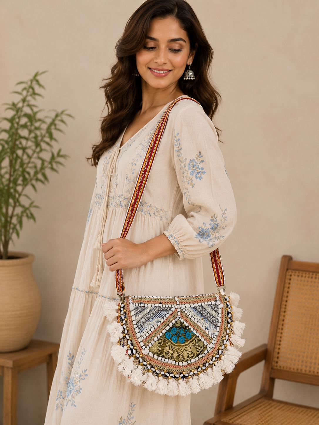 Boho Embroidered Cotton Tassel Crossbody Bag