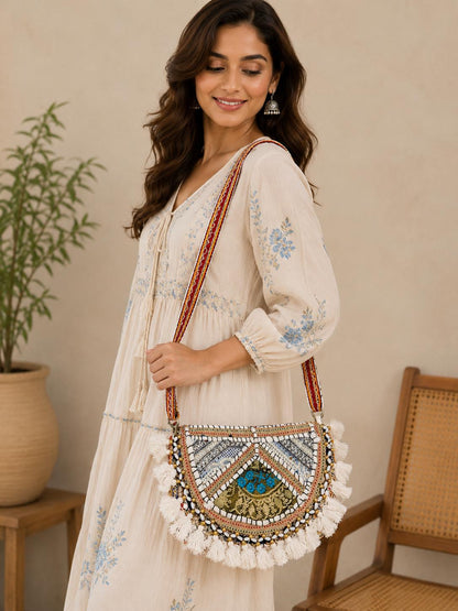 Boho Embroidered Cotton Tassel Crossbody Bag