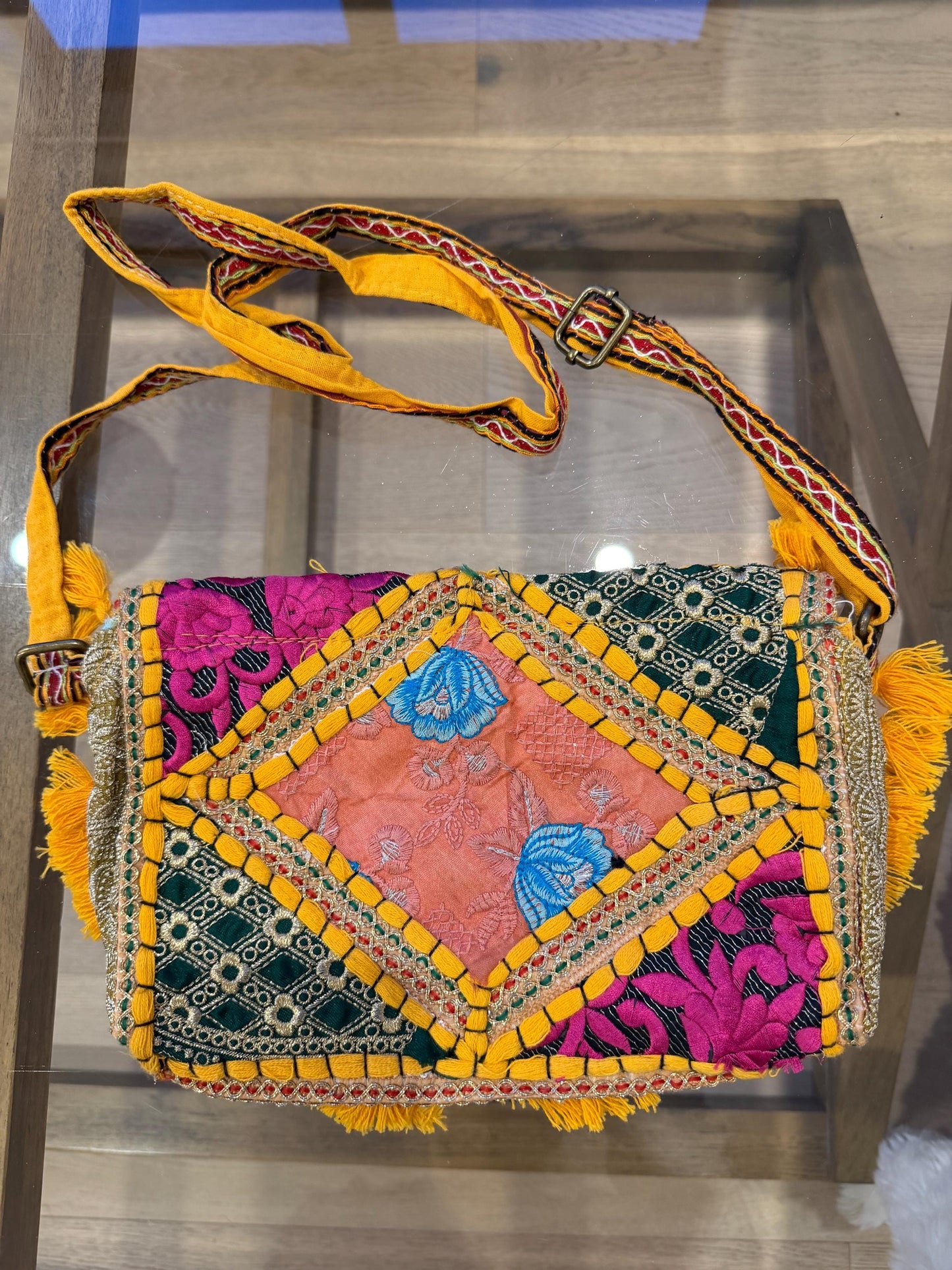 Boho Embroidered Cotton Tassel Crossbody Bag