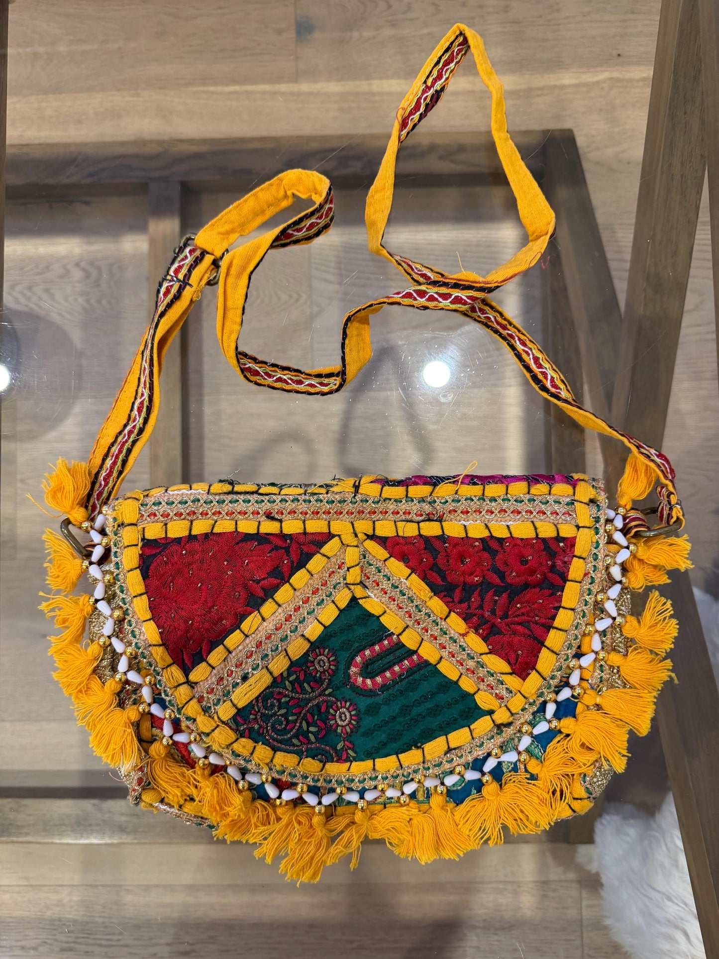 Boho Embroidered Cotton Tassel Crossbody Bag