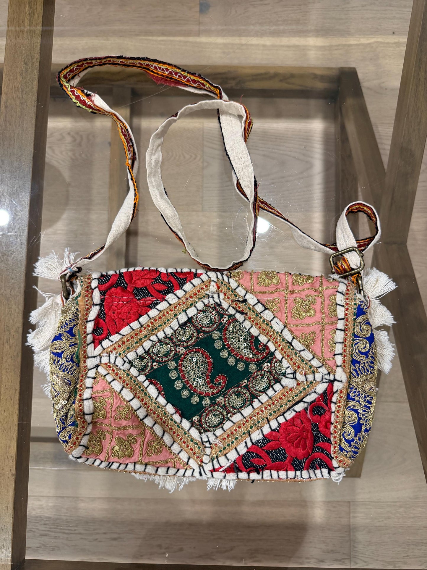 Boho Embroidered Cotton Tassel Crossbody Bag