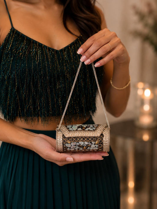 Mosaic Shell Barrel Clutch | Handmade Metallic Evening Purse with Chain Strap