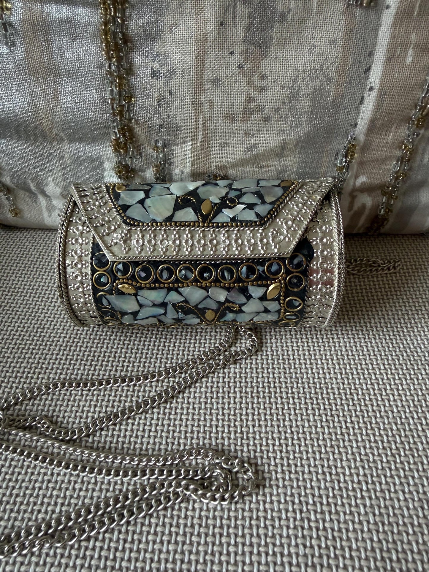 Mosaic Shell Barrel Clutch | Handmade Metallic Evening Purse with Chain Strap