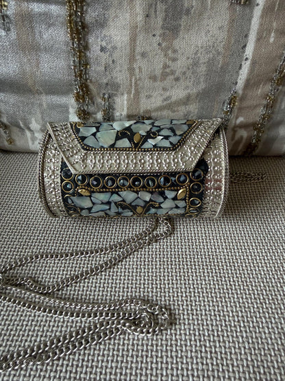 Mosaic Shell Barrel Clutch | Handmade Metallic Evening Purse with Chain Strap
