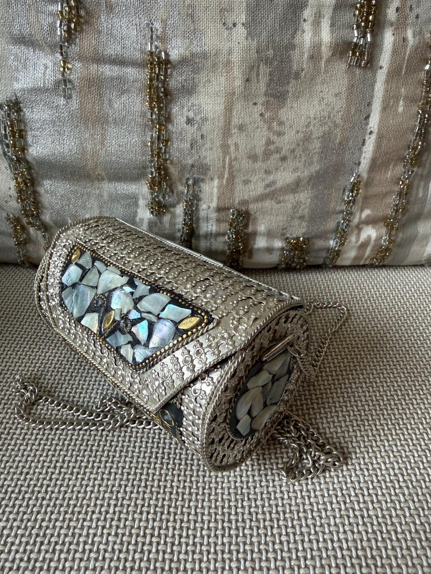 Mosaic Shell Barrel Clutch | Handmade Metallic Evening Purse with Chain Strap