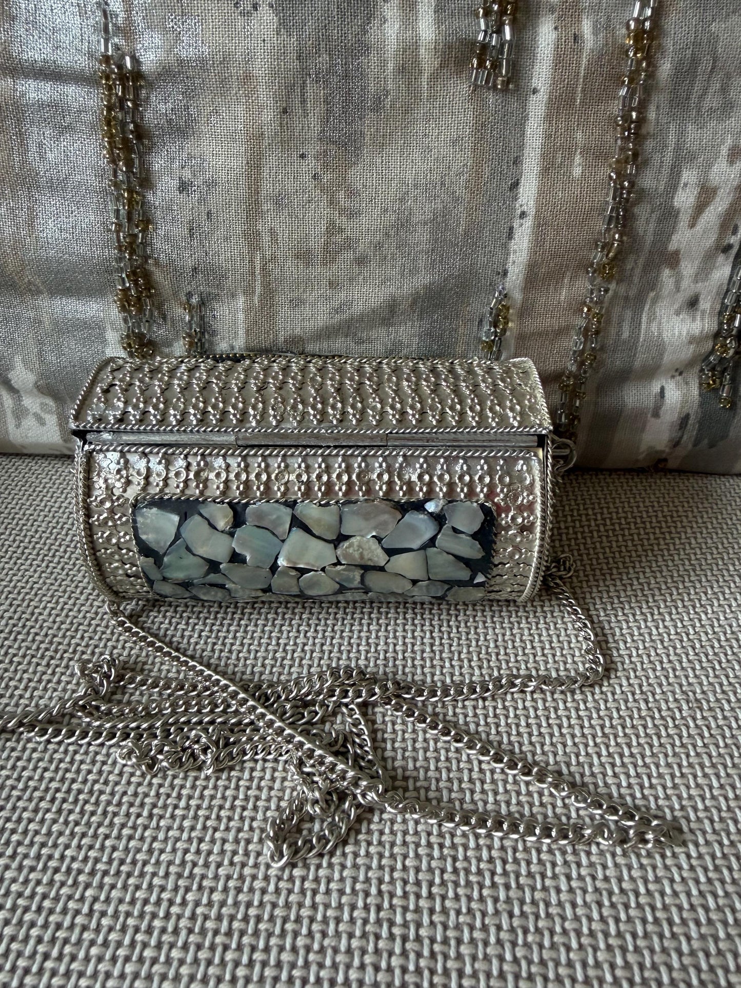 Mosaic Shell Barrel Clutch | Handmade Metallic Evening Purse with Chain Strap