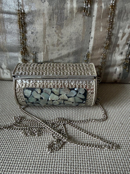 Mosaic Shell Barrel Clutch | Handmade Metallic Evening Purse with Chain Strap