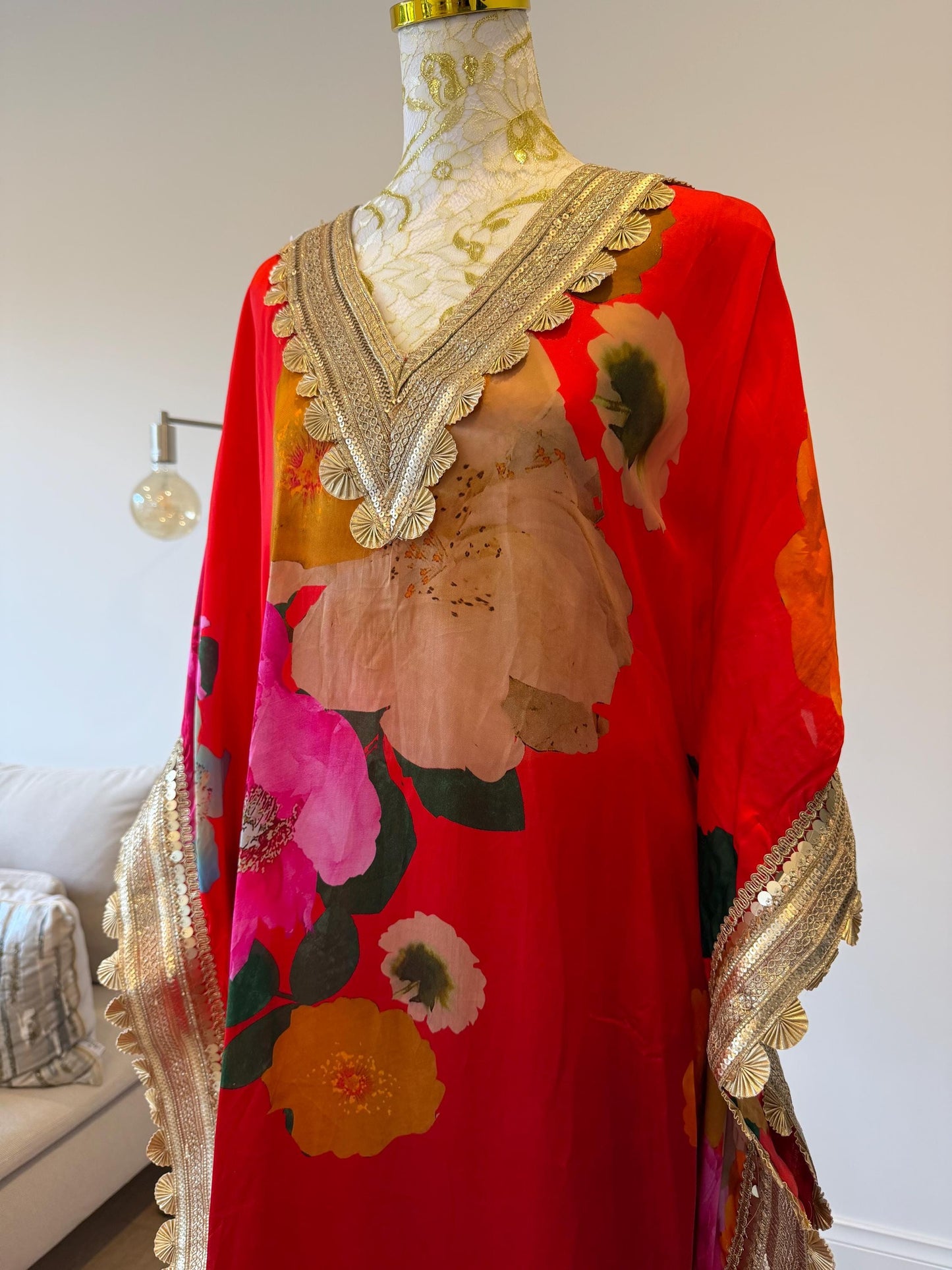 Red Floral Satin Georgette Kaftan Set with Santoon Pants, Resort Wear