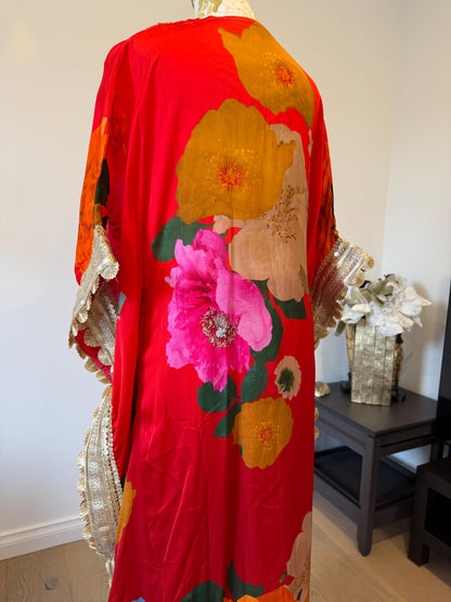 Red Floral Satin Georgette Kaftan Set with Santoon Pants, Resort Wear
